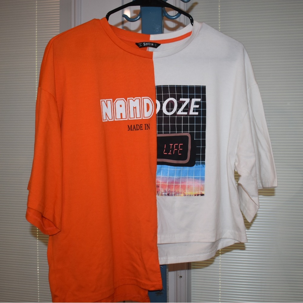 Mix Print Two Tone Asymmetrical Neon Tee